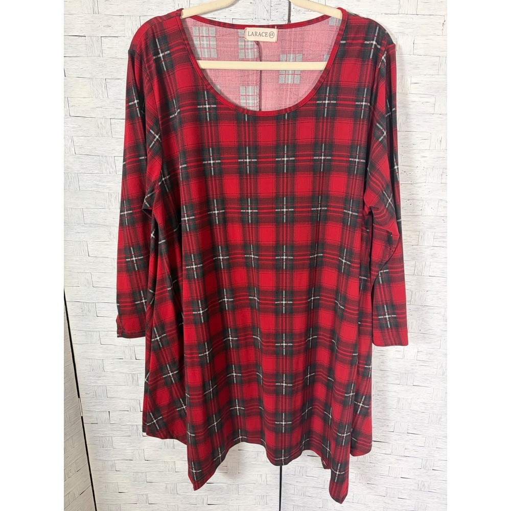 LARACE Womens Tunic Top Plaid Long Sleeve Handkerchief Hem Scoop Plus Size